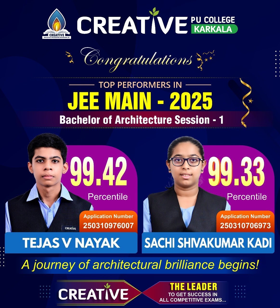 ಜೆಇಇ ಬಿ ಆರ್ಕ್ ಮತ್ತು  ಬಿ ಪ್ಲಾನಿಂಗ್ ಫಲಿತಾಂಶ : ಕ್ರಿಯೇಟಿವ್ ಸಾಧನೆ