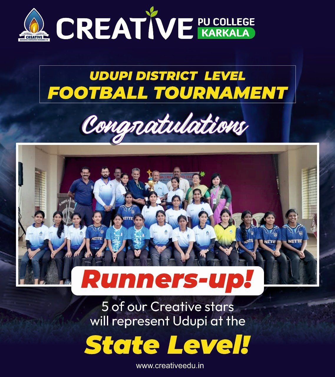 ಜಿಲ್ಲಾ ಮಟ್ಟದ  ಫುಟ್ಬಾಲ್ ಪಂದ್ಯಾಟ : ಕ್ರಿಯೇಟಿವ್ ನ ಐದು ವಿದ್ಯಾರ್ಥಿನಿಯರು ರಾಜ್ಯ ಮಟ್ಟಕ್ಕೆ ಆಯ್ಕೆ