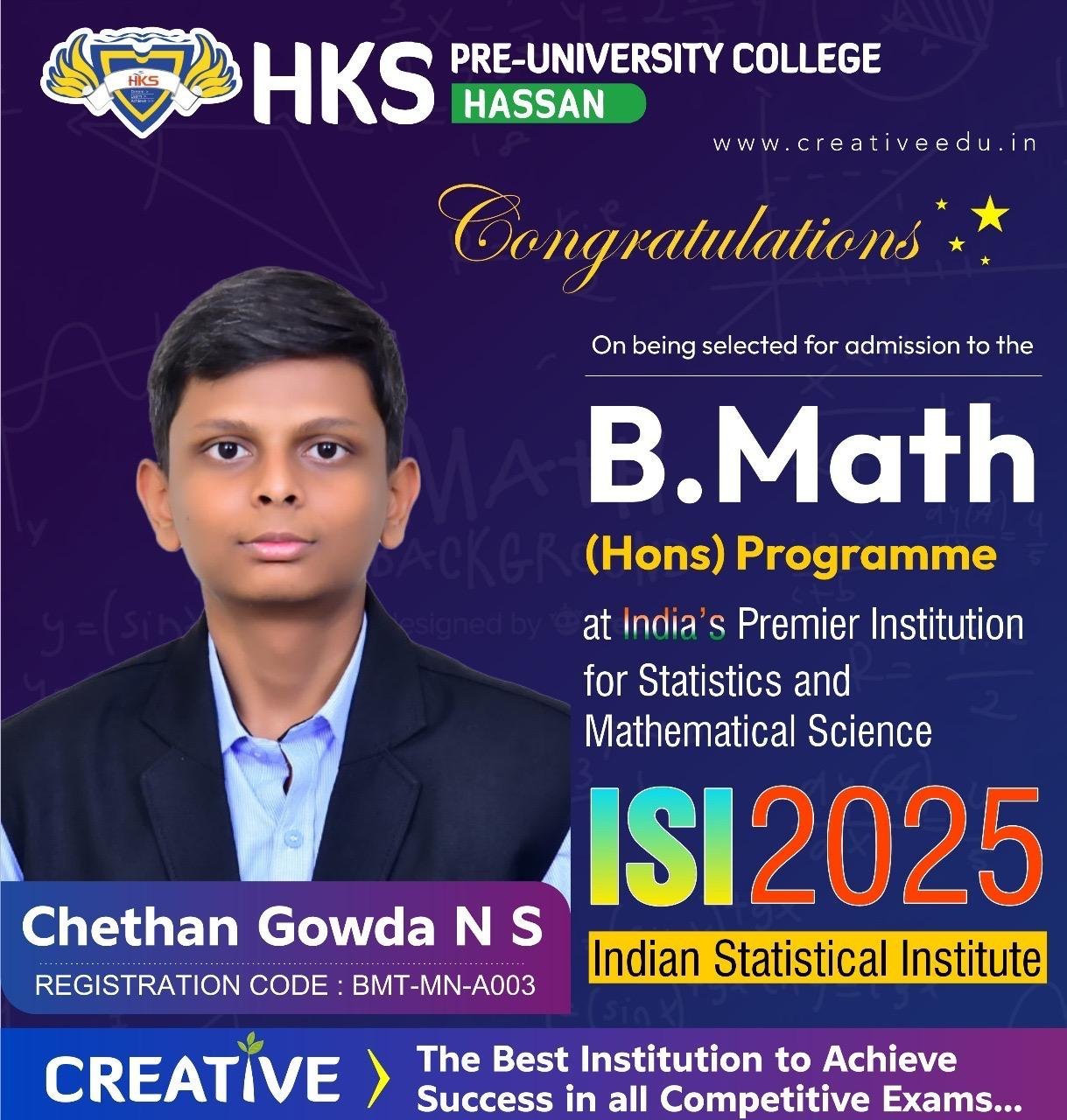 INDIAN STATISTICAL INSTITUTE -ISI ಪ್ರವೇಶ ಪರೀಕ್ಷೆಯಲ್ಲಿ ಹೆಚ್ ಕೆ ಎಸ್ ವಿದ್ಯಾರ್ಥಿಯ ಅಮೋಘ ಸಾಧನೆ.